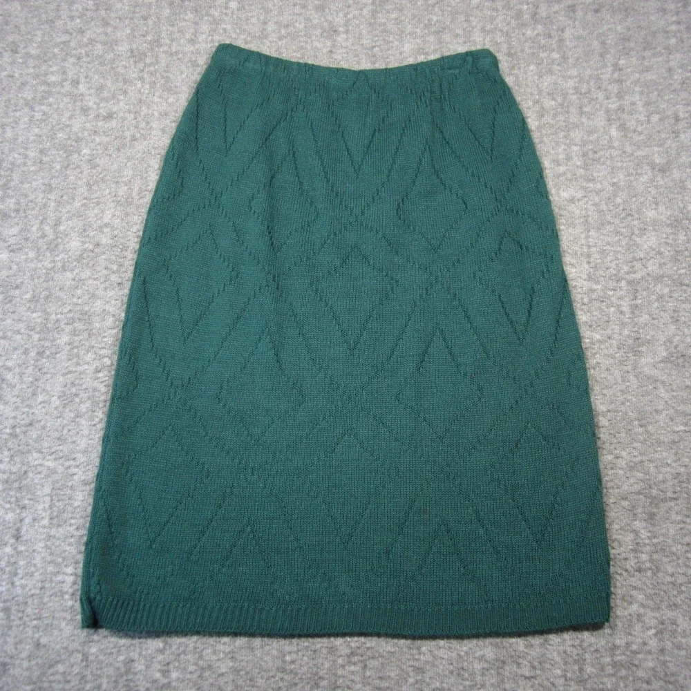 Vtg Sweater Skirt M Green Pointelle Knit Elastic Waist USA 70s Christmas Holiday